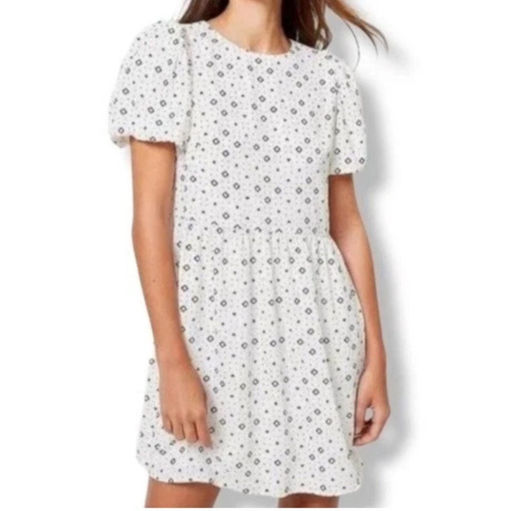 Loft Geo Puff Sleeve Swing Dress Size 14 Whisper White